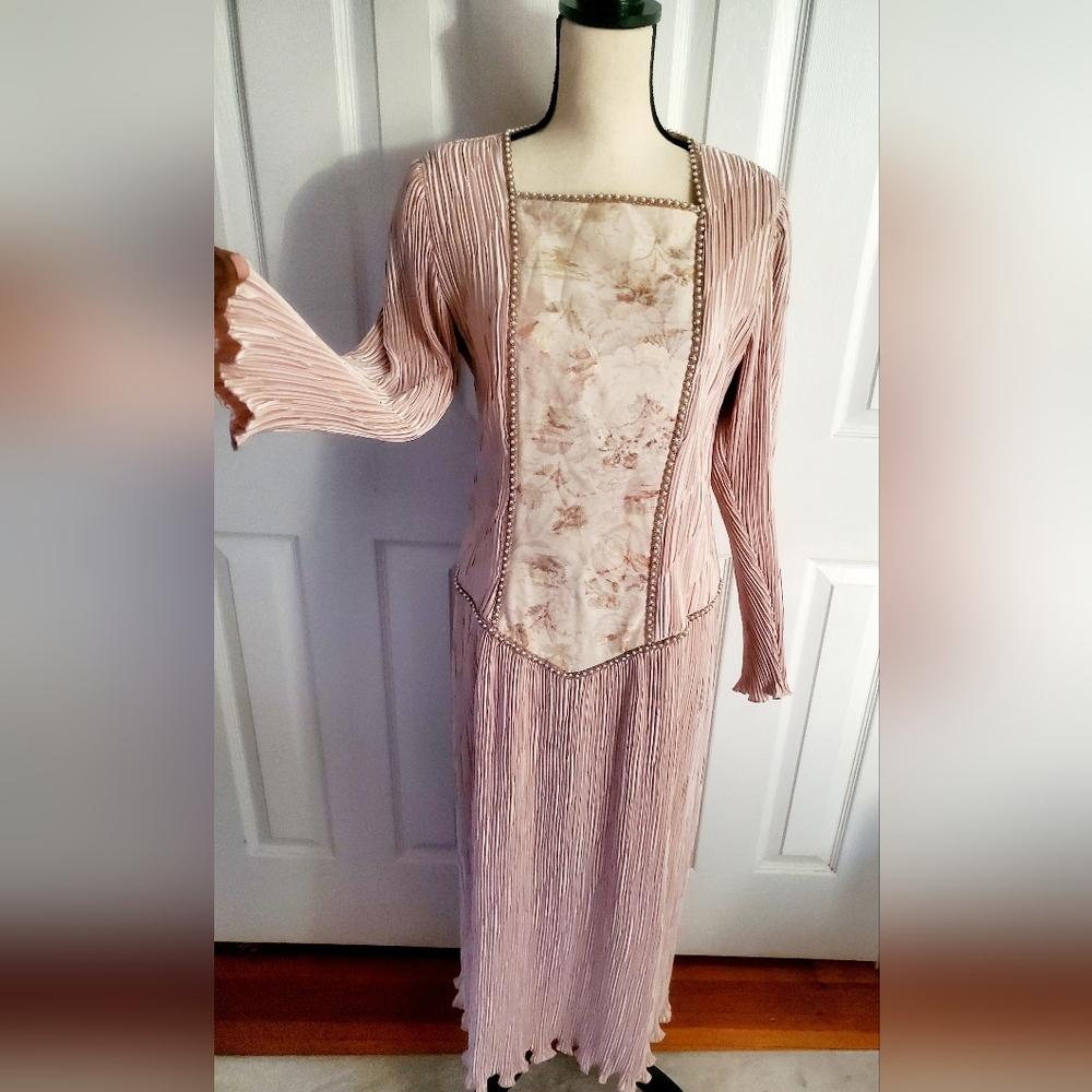 Vintage Blush Pink Beaded Square Neck Pleated Silk Tapestry Maxi Dress